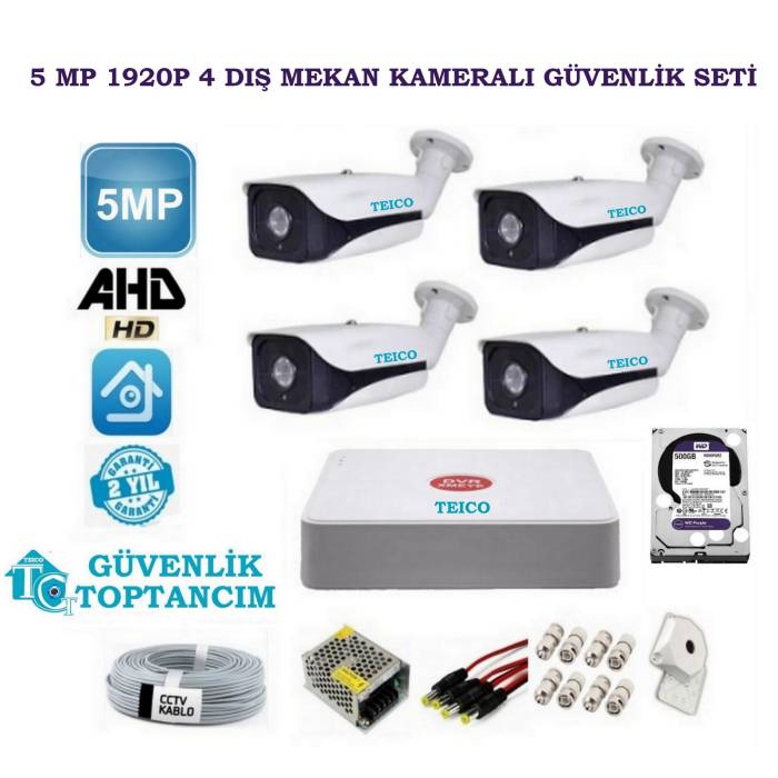 5 MP 4 Dış Mekan Kameralı Her şey Dahil AHD Güvenlik Kamerası Seti Teico-6455