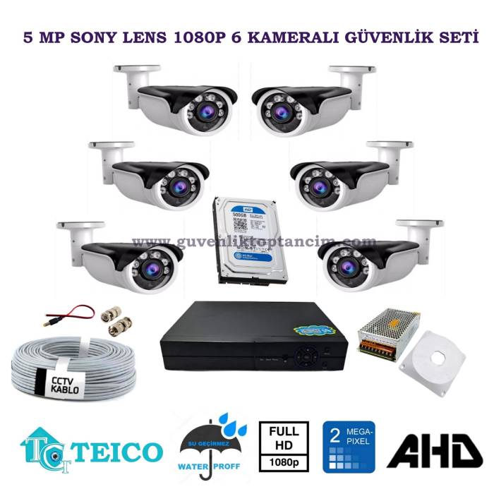 5 mp Sony Lens 1080p 6 Dış Mekan Kameralı AHD Güvenlik Kamerası Seti Teico-6206