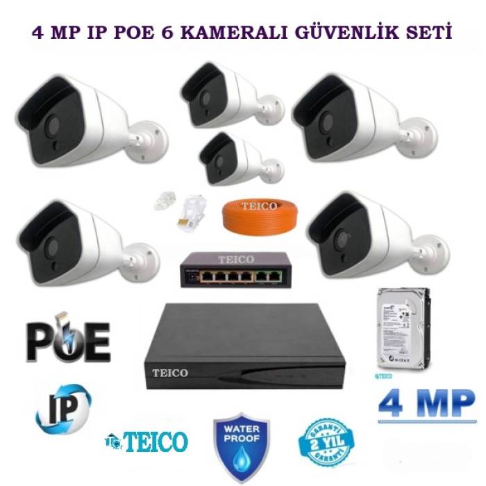 4 MP Poeli Ip 6 Kameralı 1 TB HDD Dahil Güvenlik Seti Teico-6640