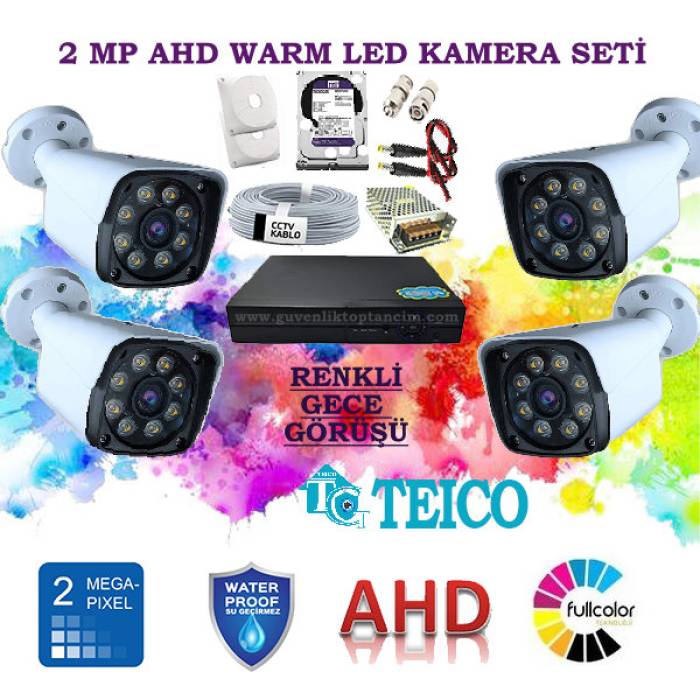 2 MP Warm Led 4 Dış Mekan Renkli Kameralı Herşey Dahil AHD Güvenlik Seti Teico-6128