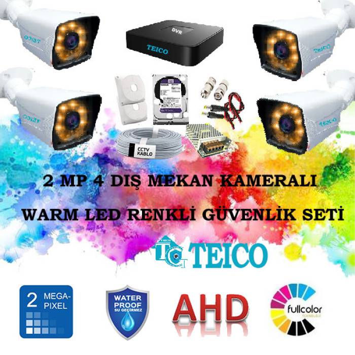 2 MP Warm Led 4 Dış Mekan Renkli Kameralı 320 GB HDD AHD Güvenlik Seti Teico-6402