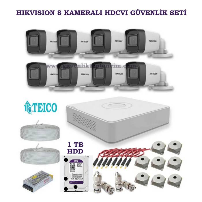 Hikvision 2 MP 8 Kameralı 1 TB HDD Dahil HDCVI Güvenlik Kamerası Seti