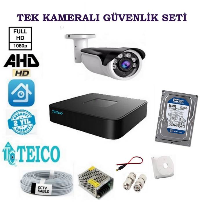 Tek Kameralı 250 GB HDD Dahil AHD 2 MP Güvenlik Kamerası Seti Teico-6221