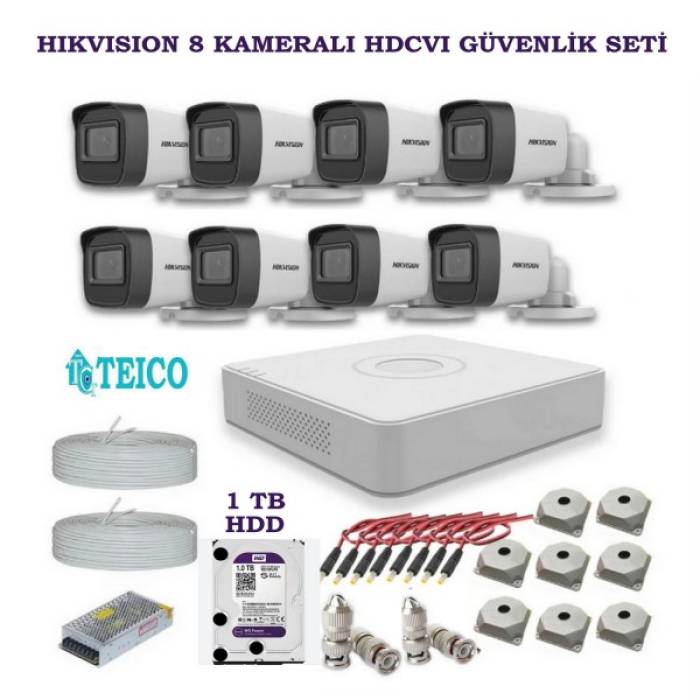 Hikvision 2 MP 8 Kameralı 1 TB HDD Dahil HDCVI Güvenlik Kamerası Seti