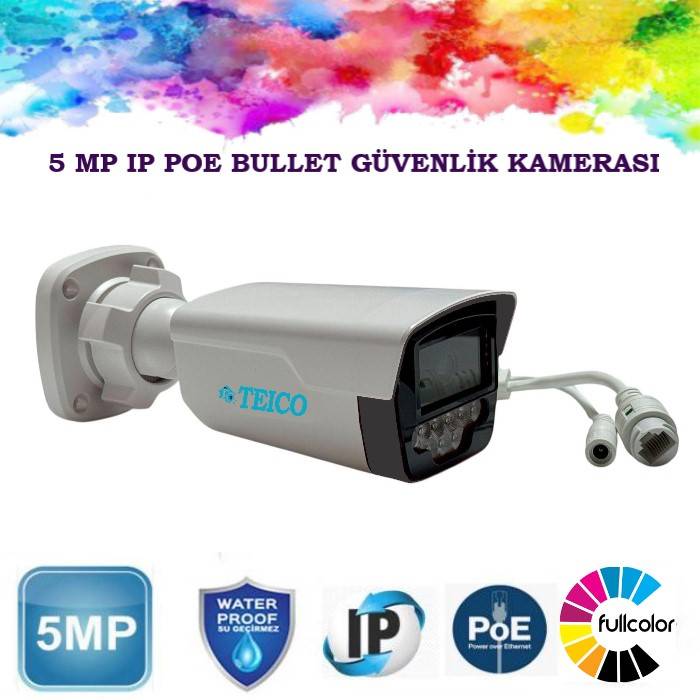 5 MP IP PoE Warm Led Renkli Sesli Bullet Güvenlik Kamerası Teico-3950