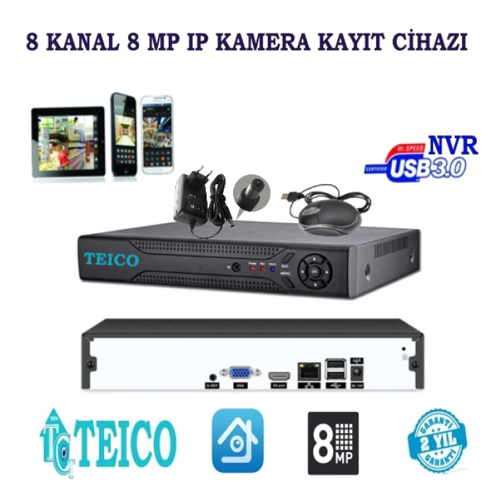 8 Mp 8 Kanal IP Kamera Kayıt Cihazı NVR Teico-9808