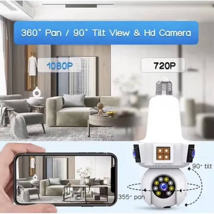3 Kameralı Duy İle Çalışan 360° Dönebilir Geniş Açı Hareketi Bildiren Ampul Kamera Teico-4220