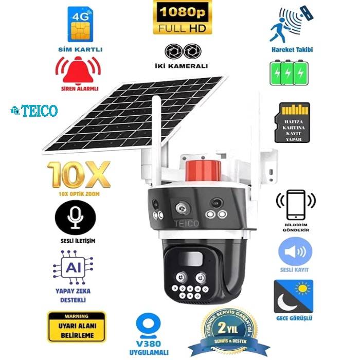 Çift Kameralı 10X Zoom 4G Güneş Enerjili Solar PTZ Güvenlik Kamerası Teico-4210