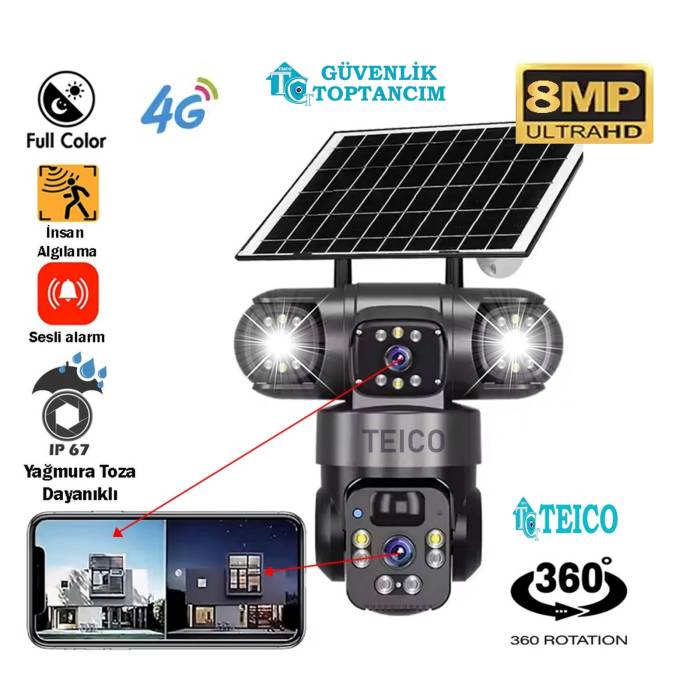 2 Kameralı Full Hd Yapay Zekalı Wifi Kablosuz Hareket Takipli Alarmlı Solar Güvenlik Kamerası Teico-4162