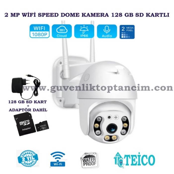2 MP Mini Speed Dome Dış Ortam Wifi Güvenlik Kamerası 128 GB SD Kart Adaptör Dahil Teico-4128