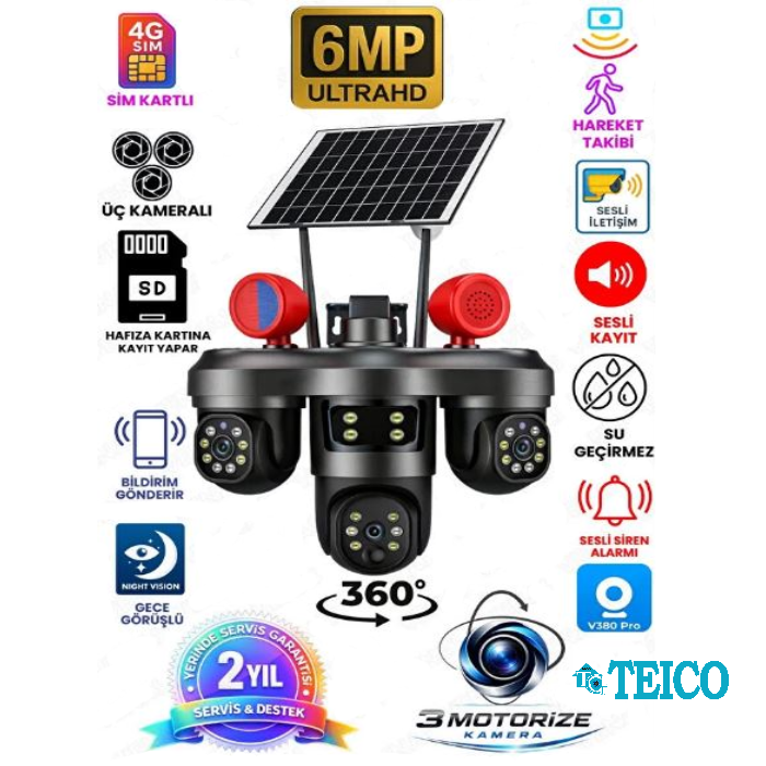 3 Kameralı Full Hd Kablosuz Hareket Takipli Alarmlı 4G Solar Güneş Enerjili Güvenlik Kamerası Teico-4163