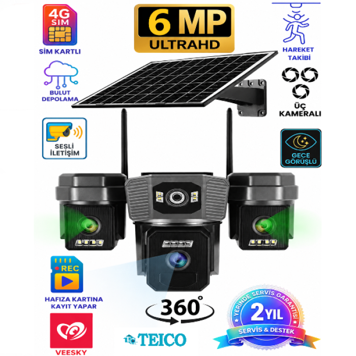 3 Kameralı 4G Hareket Takipli 6 Mp Full HD Alarmlı Solar Güvenlik Kamerası Teico-4263