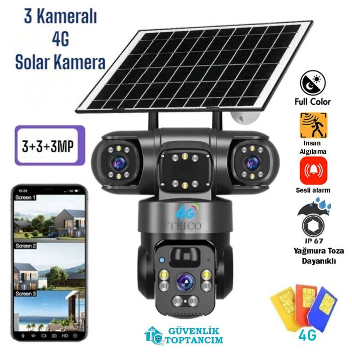 3 Kameralı Alarmlı Hareket Takipli 9 Mp Full HD Alarmlı Solar Güvenlik Kamerası Teico-4163