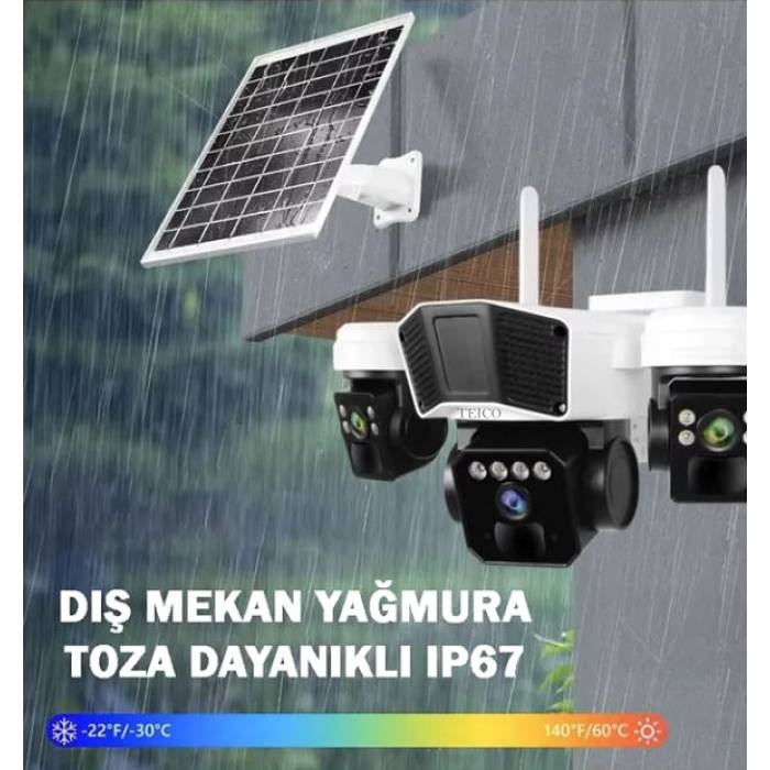 3 Kameralı ve Pır Sensörlü Çift Solar Panelli 4G Sim Kart İle Çalışan Solar Güvenlik Kamerası Teico-4230