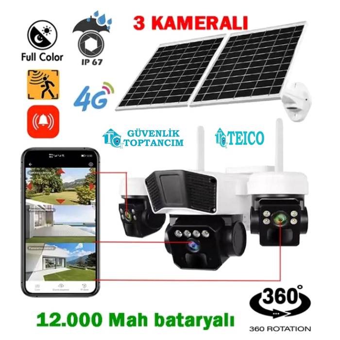 3 Kameralı ve Pır Sensörlü Çift Solar Panelli 4G Sim Kart İle Çalışan Solar Güvenlik Kamerası Teico-4230