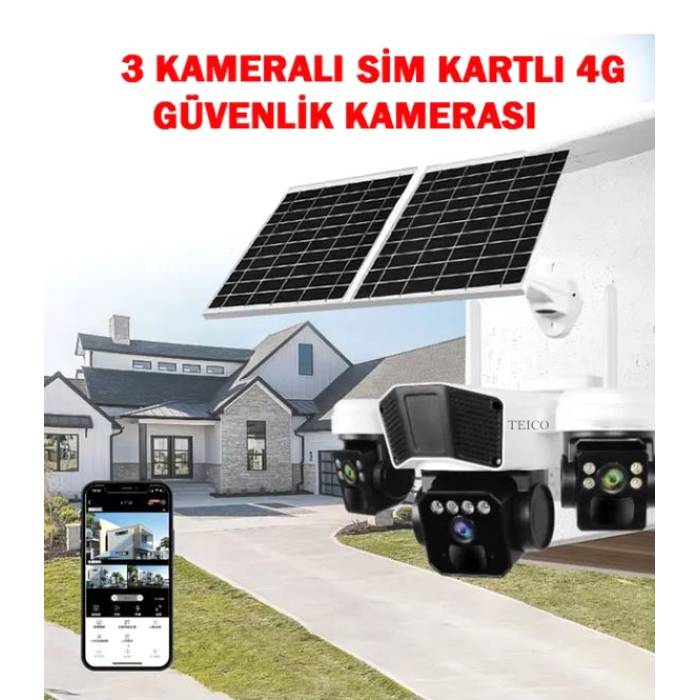 3 Kameralı ve Pır Sensörlü Çift Solar Panelli 4G Sim Kart İle Çalışan Solar Güvenlik Kamerası Teico-4230