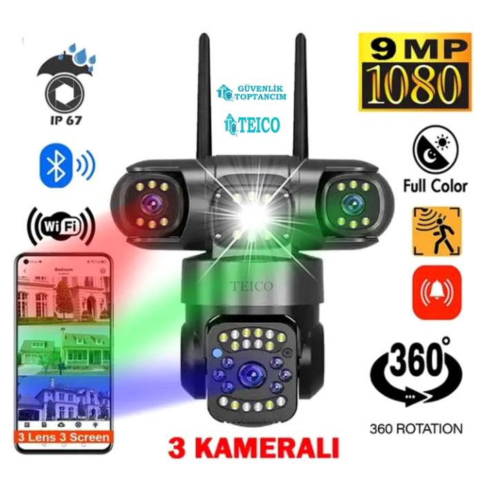 3 Kameralı Wifi Alarmlı Hareket Takipli 9 Mp Full HD Alarmlı Solar Güvenlik Kamerası Teico-4163