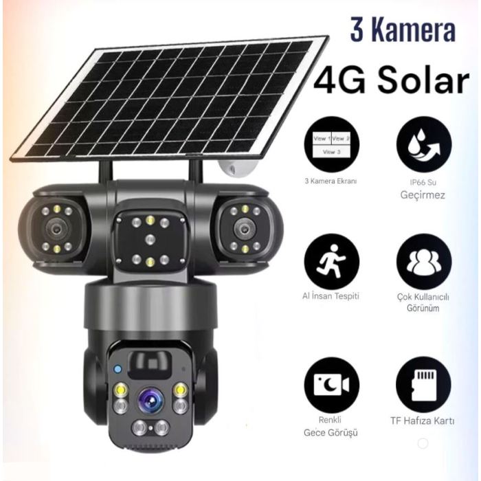 3 Kameralı Alarmlı Hareket Takipli 9 Mp Full HD Alarmlı Solar Güvenlik Kamerası Teico-4163