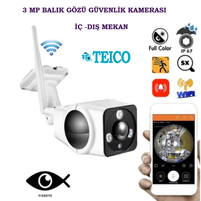3 MP Full Hd Kablosuz Wifi Iç ve Dış Mekan Balık Gözü Güvenlik Kamerası