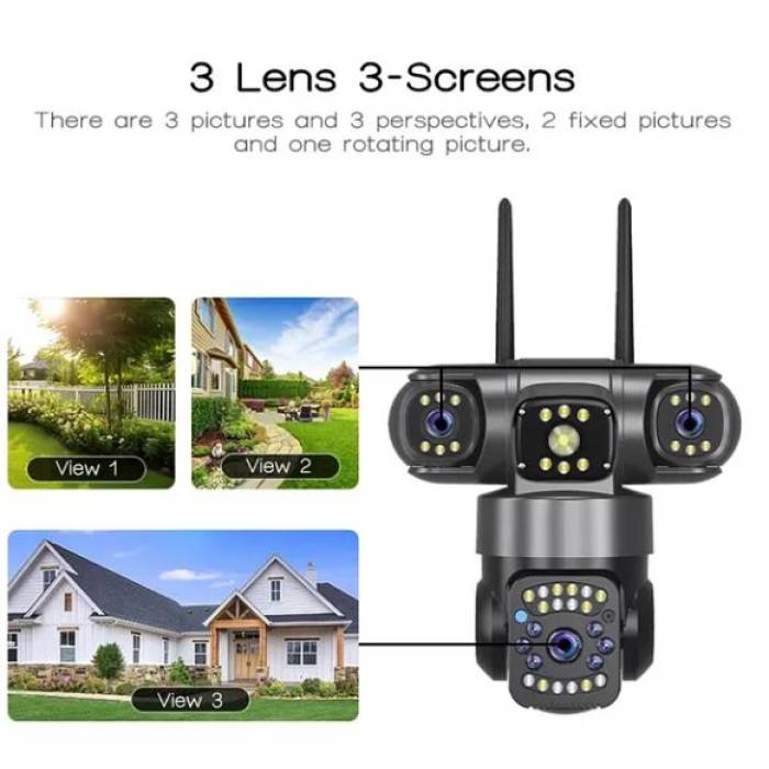 3 Kameralı Wifi Alarmlı Hareket Takipli 9 Mp Full HD Alarmlı Solar Güvenlik Kamerası Teico-4163
