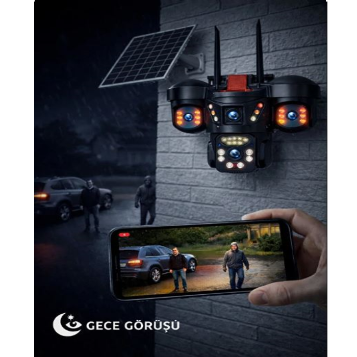 3 Kameralı Pır Sensörlü Çift Solar Panelli 4G Sim Kartlı Çalışan Solar Güvenlik Kamerası Teico-4230