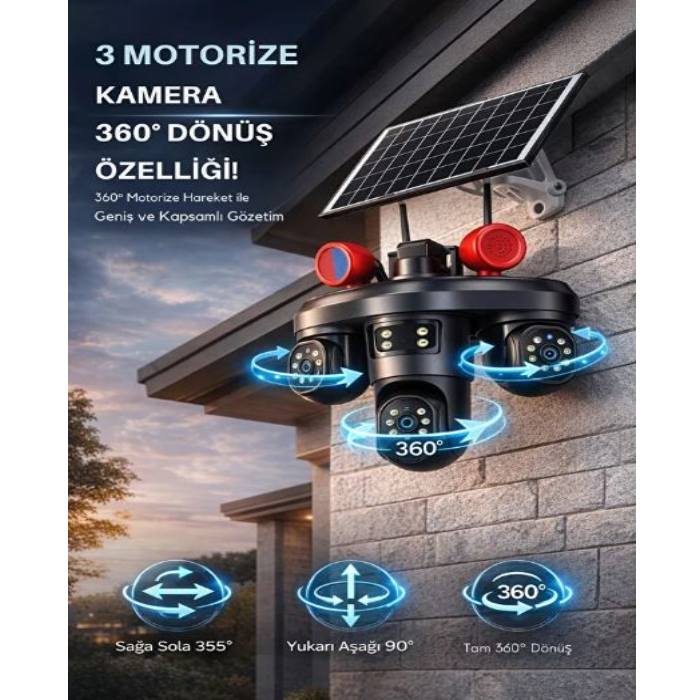 3 Kameralı Full Hd Kablosuz Hareket Takipli Alarmlı 4G Solar Güneş Enerjili Güvenlik Kamerası Teico-4163
