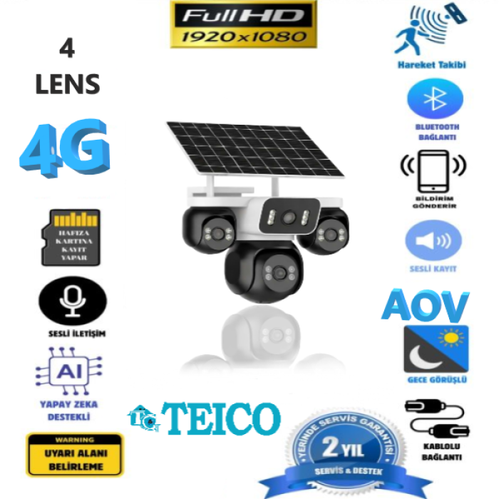 4 Kameralı Tek PTZ Solar Güneş Enerjili Sim Kartlı Kamera Teico-4214