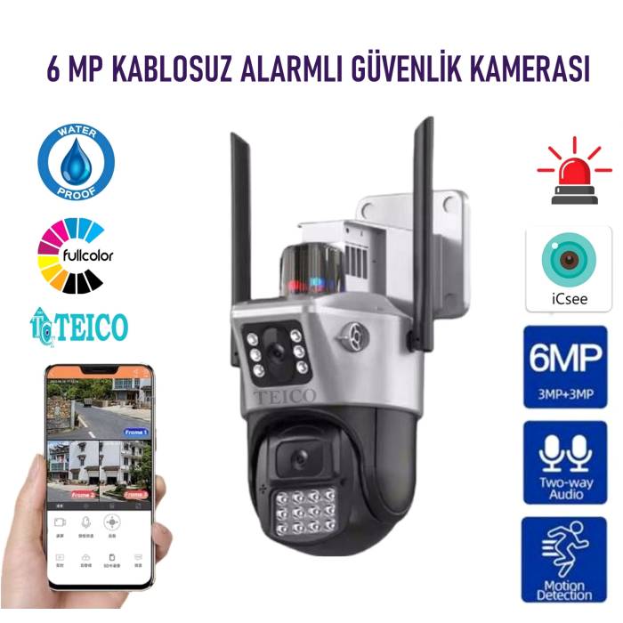 6  MP (3 MP + 3 MP) Çift Kameralı Alarmlı Kablosuz Wifi Ip Akıllı Güvenlik Kamerası Teico-4036