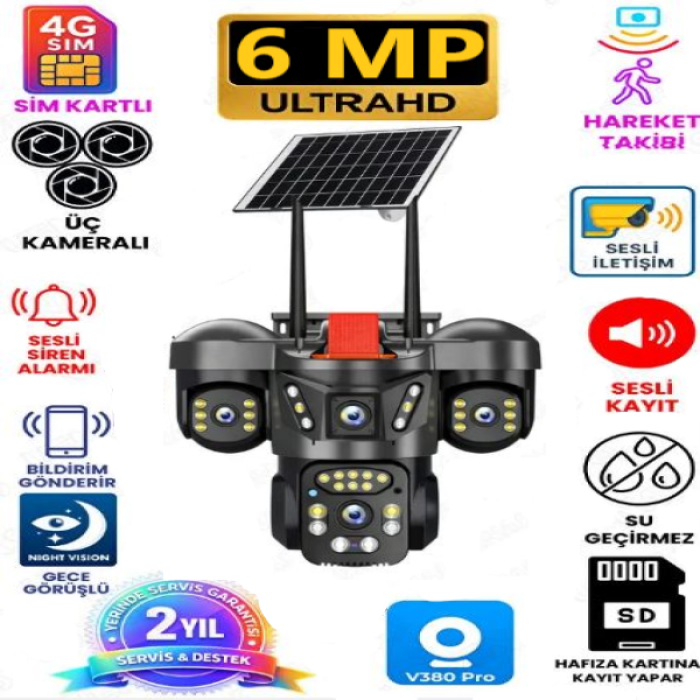 3 Kameralı Pır Sensörlü Çift Solar Panelli 4G Sim Kartlı Çalışan Solar Güvenlik Kamerası Teico-4230