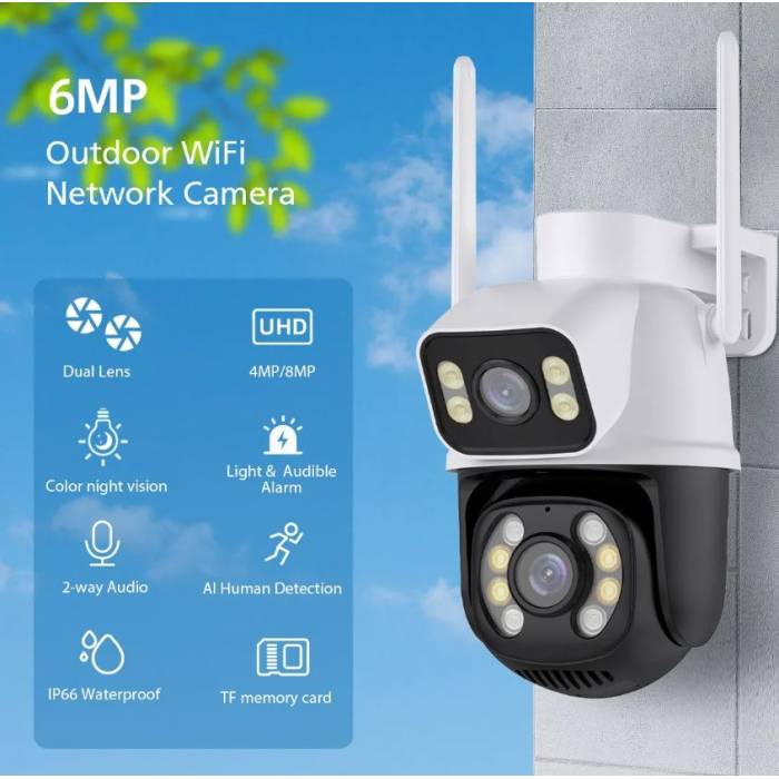 6 MP Çift Kameralı Gece Görüşlü Full HD Kablosuz Wifi Ip Akıllı Güvenlik Kamerası Teico-4006