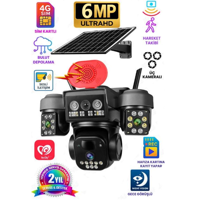 3 Kameralı Alarmlı Hareket Takipli 6 Mp Full HD Alarmlı Solar Güvenlik Kamerası Teico-4162