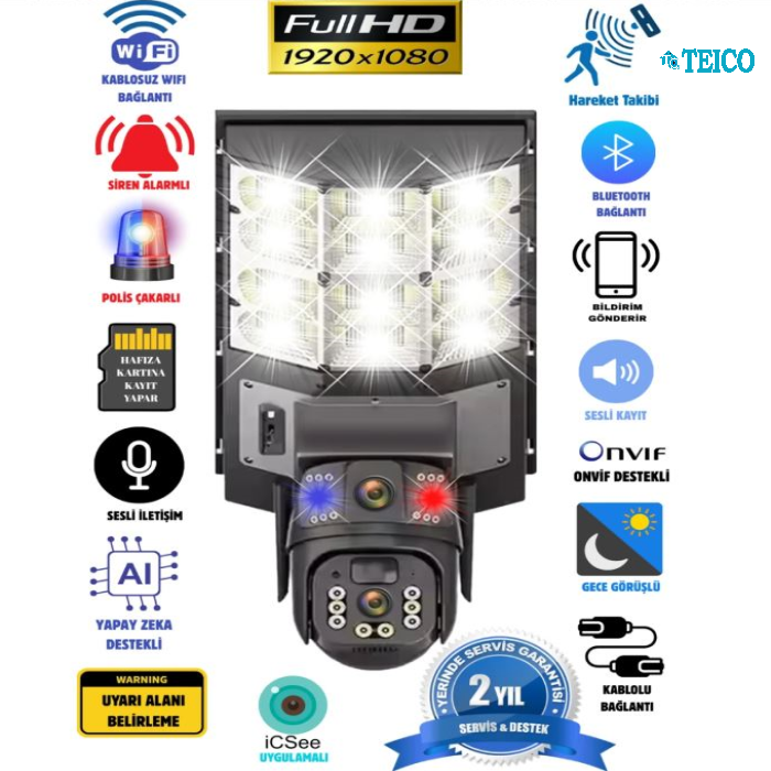 6mp Fullhd Sokak Aydınlatmalı 20.000 Mah Bataryalı Solar Panelli Hareket Sensörlü Projektör Kamera Teico-4126