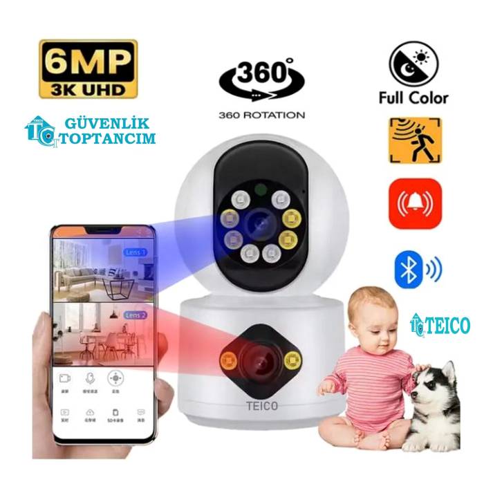 Çift Kameralı Gece Renkli Görüşlü 6 Mp Full HD Bebek Evcil Hayvan Bakıcı Ev Güvenlik Kamerası Teico-4610