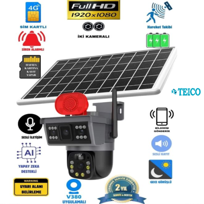 4g Sim Kartlı Solar Güneş Enerjili Full Hd Çift Kameralı Extra Ledli Akıllı Smart Güvenlik Kamerası-4222