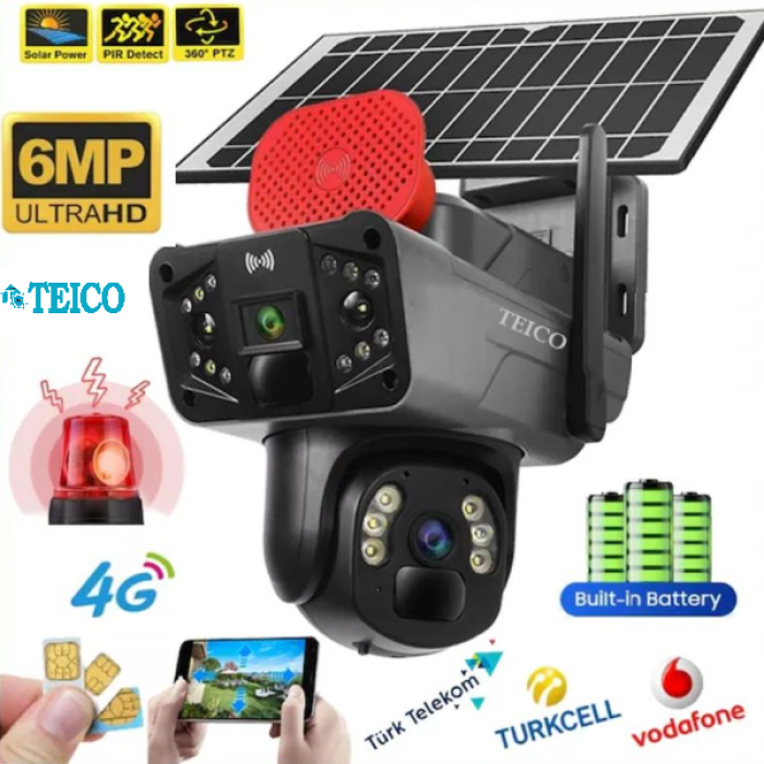 Çift Kameralı 6 MP Güneş Enerjili Speed Dome PTZ Dış Ortam Solar Güvenlik Kamerası Teico-4360