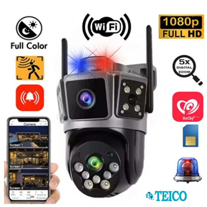 6  MP (3 MP + 3 MP) Çift Kameralı Alarmlı Kablosuz Wifi Ip Akıllı Güvenlik Kamerası Teico-4037