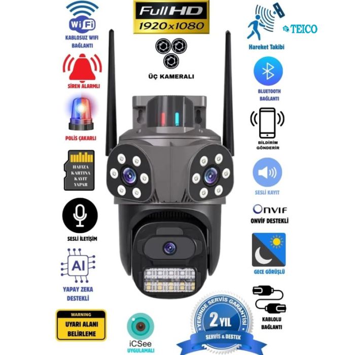 Polis Çakarlı Wifi 3 Lens Kablosuz Güvenlik Kamerası Teico-4333