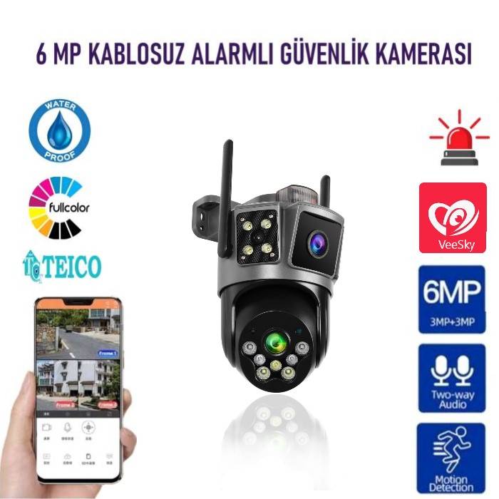 6  MP (3 MP + 3 MP) Çift Kameralı Alarmlı Kablosuz Wifi Ip Akıllı Güvenlik Kamerası Teico-4037