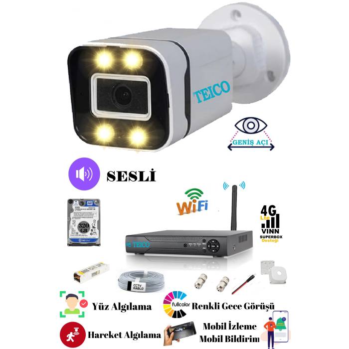 1 Kameralı 5 MP Ultra HD Sesli Güvenlik Kamera Seti Teico- 6105N WarmLed Renkli Gece Görüşlü Su geçirmez Cepten İzleme XMEYE