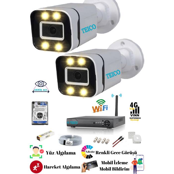 2 Kameralı 5 Mp Sony Lensli Full Hd 1080p Güvenlik Kamera Seti Teico- 6202N WarmLed Renkli Gece Görüşlü Su geçirmez Cepten İzleme XMEYE