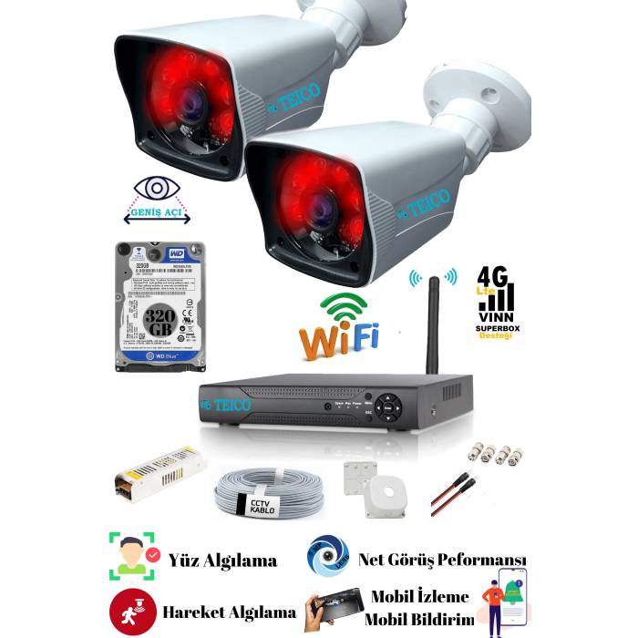 2 Kameralı 5 Mp Sony Lensli Full Hd 1080p Güvenlik Kamera Seti Teico- 6222N Gece Görüşlü Su Geçirmez Cepten İzleme XMEYE