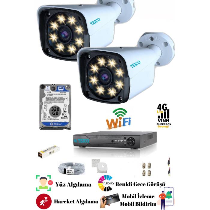 2 Kameralı 5 Mp Ultra HD Güvenlik Kamera Seti Teico- 6125N WarmLed Renkli Gece Görüşlü Su geçirmez Cepten İzleme XMEYE