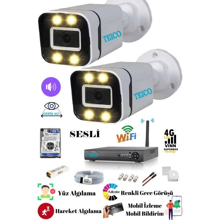 2 Kameralı 5 Mp Ultra HD Sesli Güvenlik Kamera Seti Teico- 6205N WarmLed Renkli Gece Görüşlü Su geçirmez Cepten İzleme XMEYE