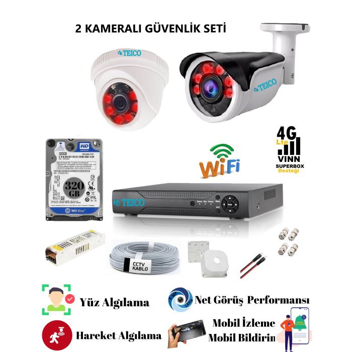 2 Kameralı Herşey Dahil AHD 5 MP Sony Lensli 1080p Güvenlik Kamerası Full HD Seti Teico-6202