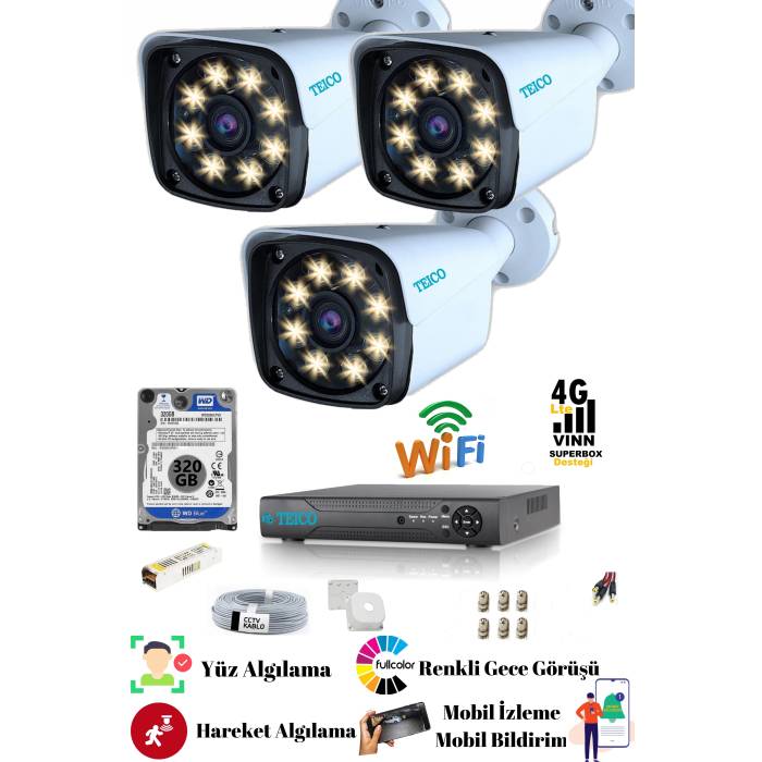 3 Kameralı 5 Mp 1920P Ultra HD Güvenlik Kamera Seti Teico- 6135N WarmLed Renkli Gece Görüşlü Su geçirmez Cepten İzleme XMEYE