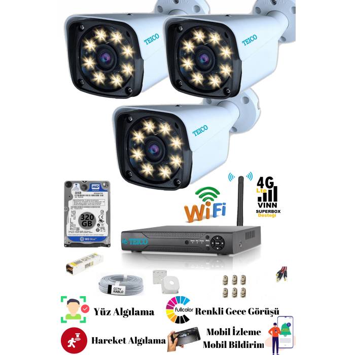 3 Kameralı 5 Mp Sony Lensli Full Hd 1080p Güvenlik Kamera Seti Teico- 6123N WarmLed Renkli Gece Görüşlü Su geçirmez Cepten İzleme XMEYE