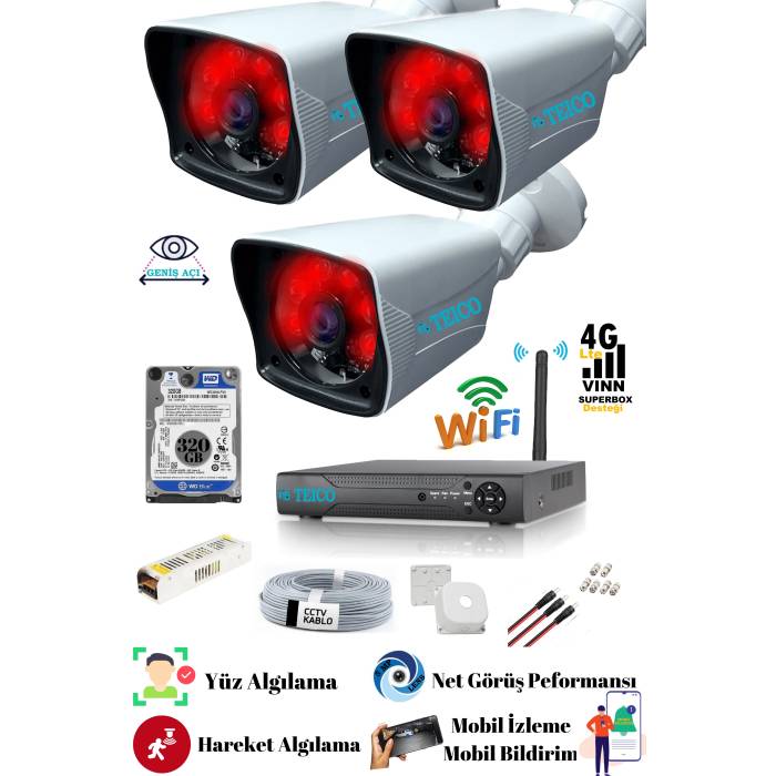 3 Kameralı 5 Mp Sony Lensli Full Hd 1080p Güvenlik Kamera Seti Teico- 6232N Gece Görüşlü Su Geçirmez Cepten İzleme XMEYE