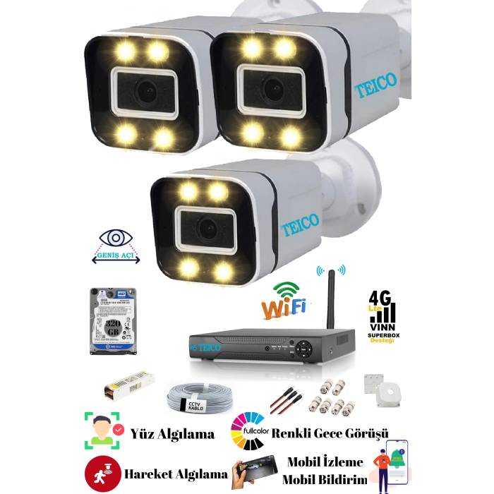 3 Kameralı 5 Mp Sony Lensli Full Hd 1080p Güvenlik Kamera Seti Teico- 6302N WarmLed Renkli Gece Görüşlü Su geçirmez Cepten İzleme XMEYE