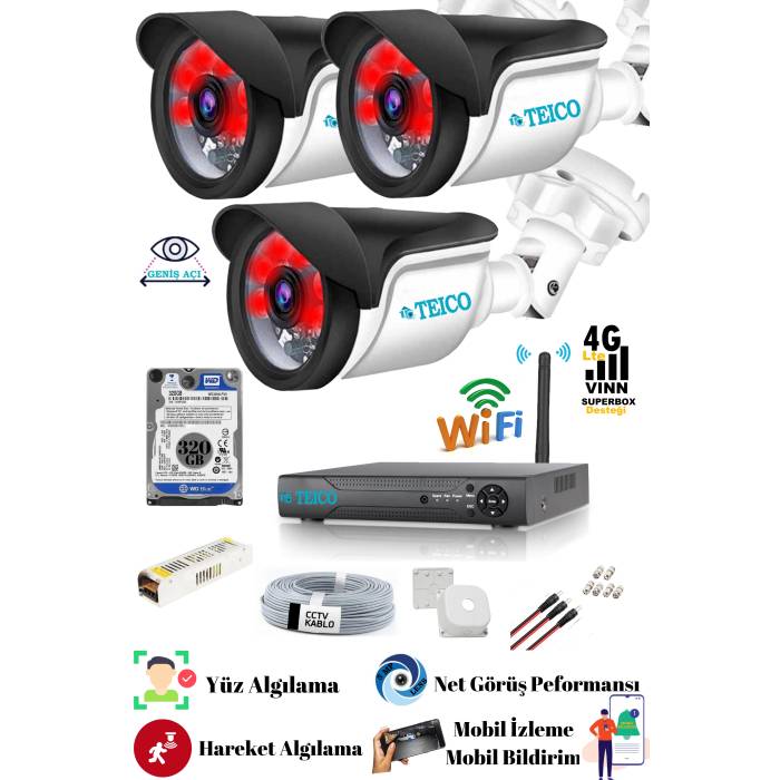 3 Kameralı 5 Mp Sony Lensli Fullhd 1080p Güvenlik Kamera Seti Teico- 6230N Su geçirmez Gece Görüşlü Cepten İzleme XMEYE