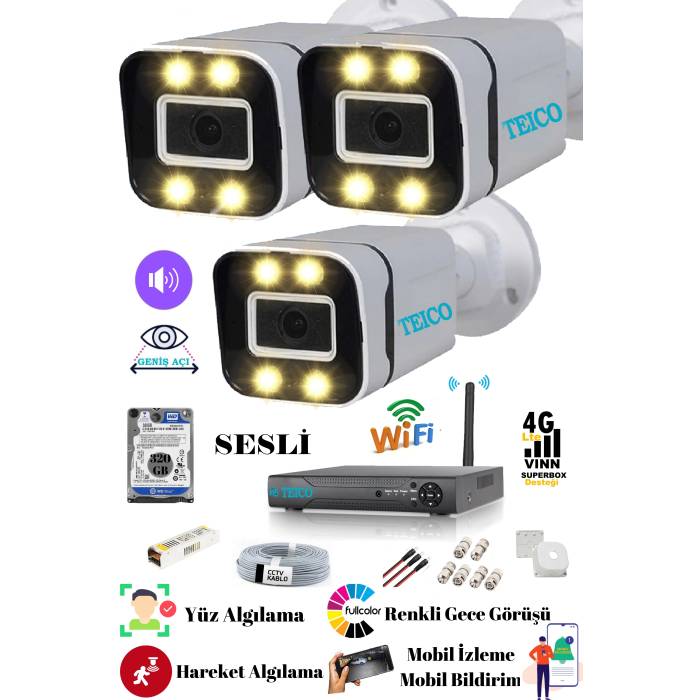 3 Kameralı 5 Mp Ultra Hd 1920p Sesli Güvenlik Kamera Seti Teico- 6305N WarmLed Renkli Gece Görüşlü Su geçirmez Cepten İzleme XMEYE
